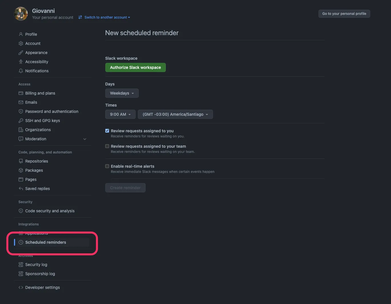 Scheduled reminders menu